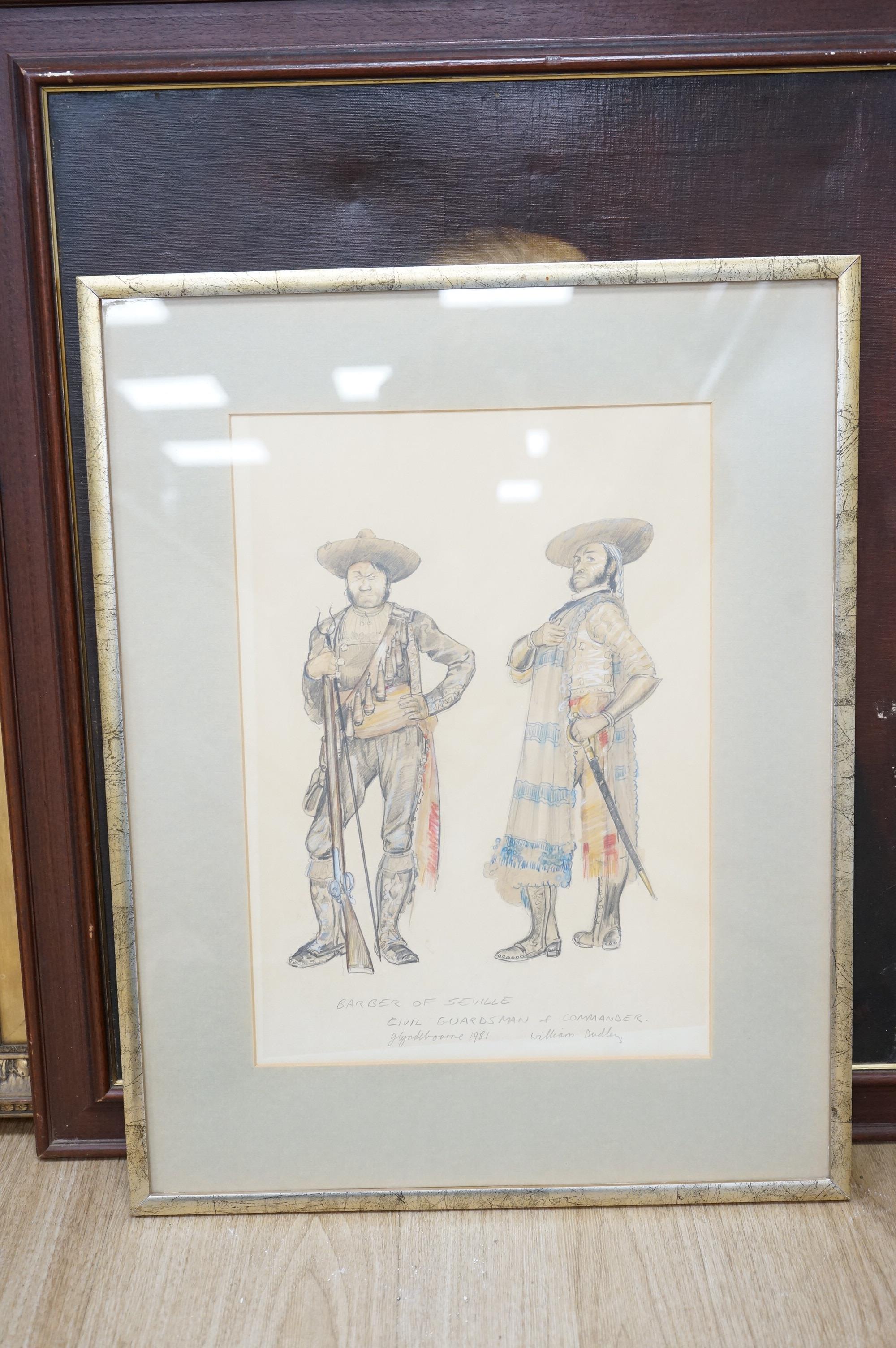 William Dudley, mixed media, Theatrical costume design for the Barber of Seville, Glyndebourne, 1981, inscribed and signed in pencil, 39 x 27cm